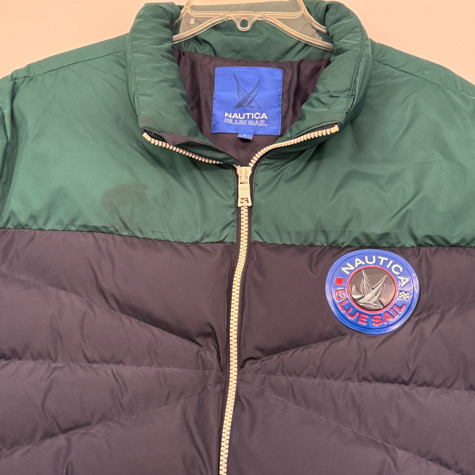 Nautica Mens Color Block Puffer Jacket Green Black Blue Zip Up Logo Size L